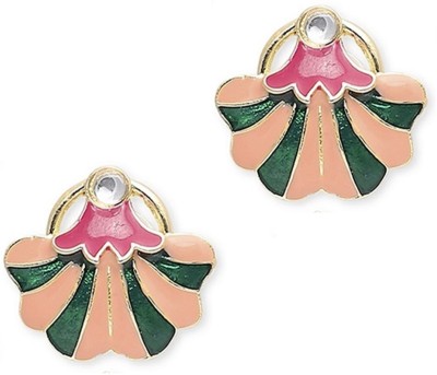 fabula Green & Pink Meenakari Enamel Stud Earrings - Indo-Western Floral Design Beads, Crystal Alloy Stud Earring