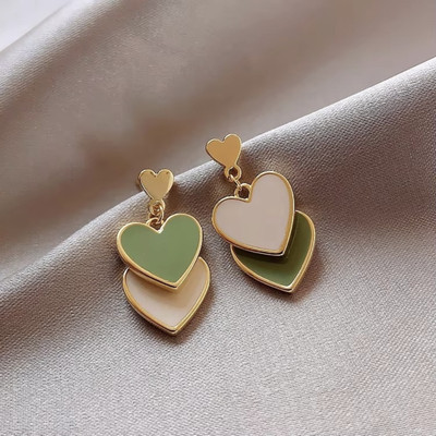 Jassa Jassa Korean Layered Enamel Green Heart Drop Earrings for Women & Girls Diamond, Cubic Zirconia, Pearl Alloy Drops & Danglers, Stud Earring