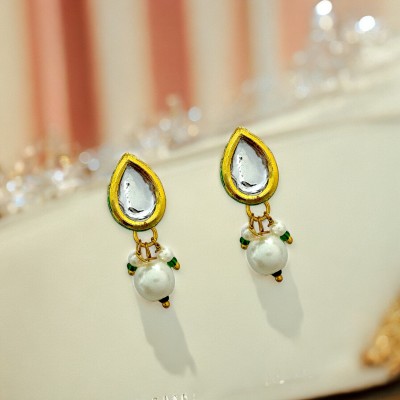 Jewelopia Traditional Pear Shape Kundan Gold Plated Pearl Drop Stud Earrings Pearl Brass, Alloy Stud Earring