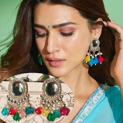 Ashir Atelier Ethnic Gold Plated Enamel Handpainted Design Stones Beads Chandbali Earring Alloy Chandbali Earring