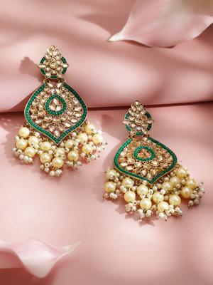 RUBANS 18K Gold-Plated Green Kundan & Off-White Pearl Beaded Chandelier Earrings Brass Chandbali Earring