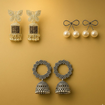 Kradha Butterfly Pearl Drops, Bow Pearl Studs & Peacock Feather Oxidized Jhumkas Alloy Jhumki Earring