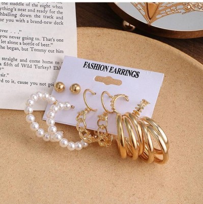 Vembley Vembley Combo Of 6 Golden Plain Chain and Pearl Big Hoop Earrings Alloy Hoop Earring