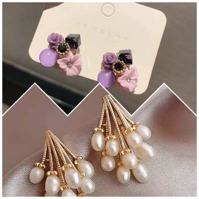 FFSTYLE Beautifull Purple Flower Oversize Stud Earring & Pollux Craft Korean Earrings Pearl Alloy Clip-on Earring, Drops & Danglers