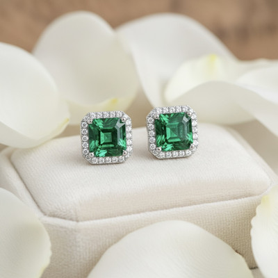 SHI Jewellery American Diamond Earrings for Women & Girls Cubic Zirconia, Emerald Brass Stud Earring