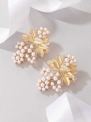Ethereal Golden Leaves&White Berries Beads Earring Alloy Stud German Silver Earring Beads Alloy Stud Earring
