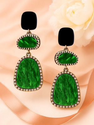 RUBANS Rubans Emerald Green Crystal Marble Stone & Black Studded Long Dangle Earrings Brass Drops & Danglers