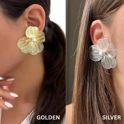 Whipcord Combo of Oversize Stud Floral Earrings in Silver & Gold Tone Petal Design Alloy, Metal Stud Earring, Earring Set