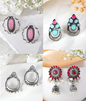 NAVYAARTJPR Vintage Style Earrings Set, 4 Pairs, Silver-Toned with Pink and Green Stones, Emerald Alloy Drops & Danglers, Jhumki Earring