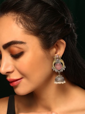 Priyaasi Peacock Pink Stoned Jhumkis GOld Plating Earrings Brass Drops & Danglers