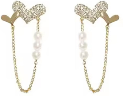 VISTA VENDORS Heart-Shaped Double Chain Earrings with Pearl Beads Pearl Alloy Stud Earring