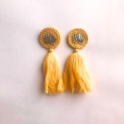 Whe Handmade Upcycled Yellow Thread With Lotus Silver Accents Earrings Brass Earring Set