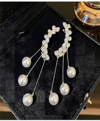 Vembley Vembley Korean Zircon Studded Ear Cuff With Pearl Tassel Long Earrings 2Pcs/Set Metal Cuff Earring
