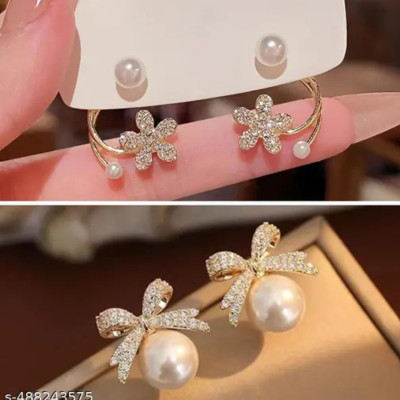 eloria Combo of 2 Trendy Gold Plated Korean Design Light Weight Earrings. Pearl Alloy Stud Earring