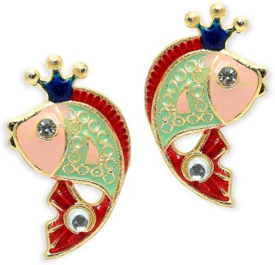 fabula Pink & Mint Green Enamel Stud Earrings - Indo-Western Feng Shui Good Luck Fish Beads, Crystal Alloy Stud Earring