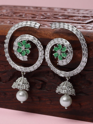 Karatcart Designer Silver Plated Green American Diamond Dangler Earrings for Women Alloy Drops & Danglers
