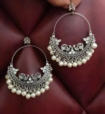NAVMAV Crystal Meenakari Silver Oxidised Hoop Chandbali Jhumka Earring for Girls/Women Crystal, Beads Alloy, German Silver Chandbali Earring, Hoop Earring, Clip-on Earring, Drops & Danglers, Earring Set