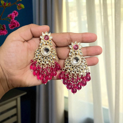 SAZOYA Gold-Plated Kundan Earrings with hot pink Beads – Ethnic Chandbalis for Women Alloy, Metal Drops & Danglers