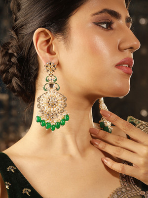 Ishin Kundan Pearl Style Floral Pattern Gold Plated Green Beads Drop Earrings Alloy Drops & Danglers