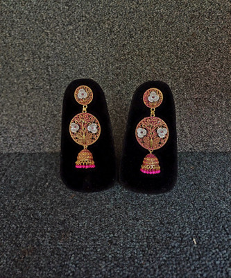 Ashu collection Gold with pink accents Metal Jhumki Earring, Hoop Earring, Drops & Danglers