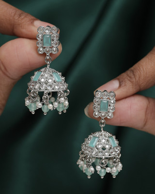 Saloni Fashion Jewellery Designer Square Shape Silver Plated Sky Blue Kundan Stone Jhumki Earring Cubic Zirconia Alloy Jhumki Earring