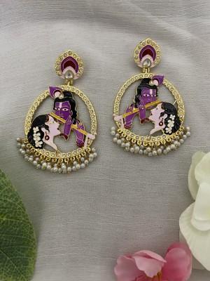 Fashion Theme Traditional Meenakari Radha krishna Earrings Stone Purple Jhumka Earring Cubic Zirconia, Beads, Pearl Brass Drops & Danglers