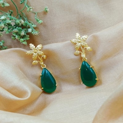 FHF Gold Plated Green Stone Flower Earring Brass Drops & Danglers