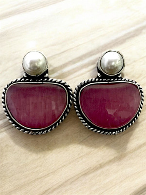 TANSUM COLLECTION Kashmiri Monalisa Pink Stone Earrings for Women & Girls, Festive & Occasion Wear Moonstone Brass Drops & Danglers