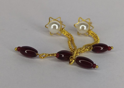 MK Gallery Red Beaded Pearl Star Shape Earrings Cubic Zirconia Copper Drops & Danglers
