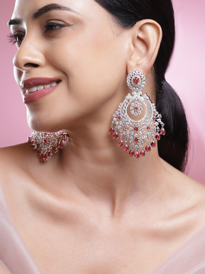 RUBANS Rhodium-Plated Ruby Pink & White CZStudded Premium Chandelier Brass Drops & Danglers