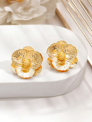 RUBANS 18K Gold-Plated Oversized Floral Textured Statement Stud Earrings Brass Stud Earring