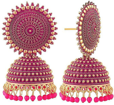 pas Royal dark pink golden Kundan Earrings with Pearl Drops Beads, Pearl Alloy Jhumki Earring, Drops & Danglers