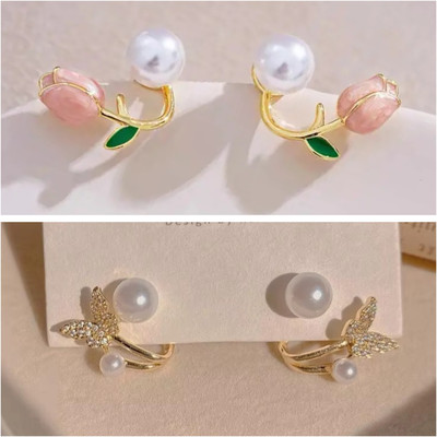 Tiso Elegant Korean Cuff Earings Set of 2 Trendy Stone Earrings for Girls and Women Crystal, Cubic Zirconia, Pearl Alloy, Brass, Stone Drops & Danglers, Earring Set, Hoop Earring, Rhinestone Studs, Stud Earring