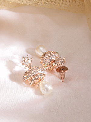 RUBANS Rubans Rose Gold Plated Cubic Zirconia White Beaded Floral Jhumka Earrings Zircon Brass Jhumki Earring
