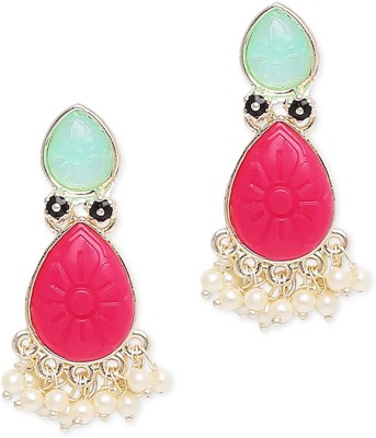 fabula Rani Pink & Firozi Ethnic Drop Earrings - Engraved Jaipur Stones - Beads, Crystal Alloy Drops & Danglers
