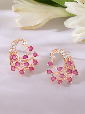 RUBANS Rose-Gold Plated Peacock Shaped Ruby Studded Earrings Brass Stud Earring