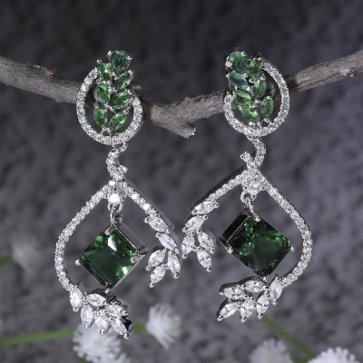 ZENEME Rhodium-Plated Green American Diamond studded Square & Leaf Shaped Drop Earrings Cubic Zirconia Brass Drops & Danglers