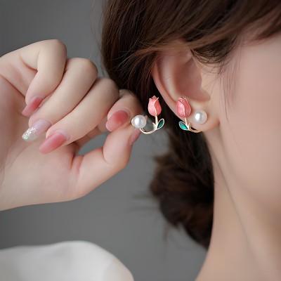 FFSTYLE pink tulip earrings Alloy Plug Earring