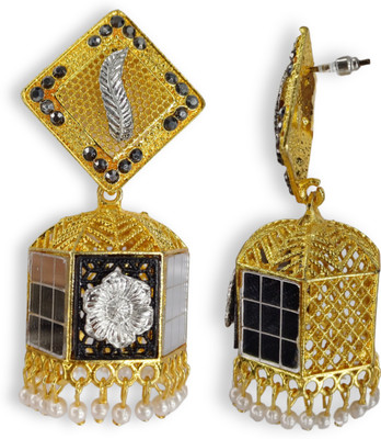 CITARRA Golden Silver Black Plated Black Rhinestone White Pearl Hanging Jhumka Brass Jhumki Earring