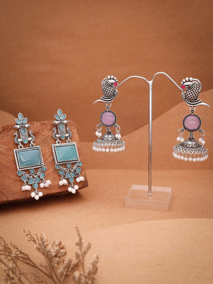 ANOUK Pack of 2 Silver Drop & Danglers Earring for Women & Girls Diamond Brass Drops & Danglers