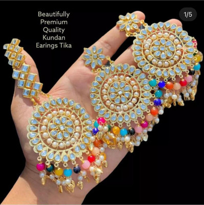 Aditya Fashion Pearl Studded Maang Tikka with Earrings Set Crystal Stones,Wedding Jewelry, Pearl Metal Chandbali Earring, Jhumki Earring