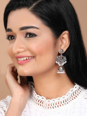 RUBANS Oxidised Silver-Plated Handcrafted Dome-Shaped Jhumkas with Pearl Accents Brass Jhumki Earring