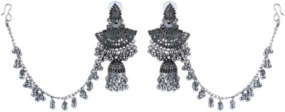 Efulgenz Oxidized Jhumka Earrings with Hair Chain Jewelry for Women Alloy Jhumki Earring