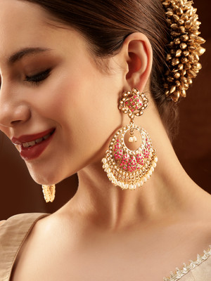 RUBANS 22K Antique Gold Plated Ruby Zirconia & Pearl Studded Chandbali Earring Brass Drops & Danglers