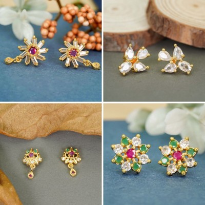 RAMDEV ART FASHION JEWELLERY Combo of 4 Gold Plated Earring Studs Best Quality Glossy Shine Diamond Brass Earring Set