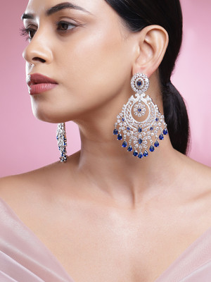 RUBANS Rhodium-Plated Blue Sapphire & White CZPremium Chandelier Brass Drops & Danglers