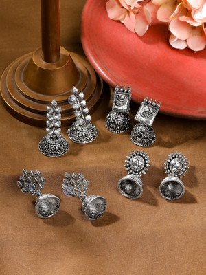 YELLOW CHIMES Combo of 4 Pairs Traditional Oxidised Silver Jhumki Earrings Set Brass Drops & Danglers
