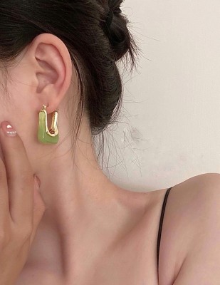 YELLOW CHIMES Green Color Stone Geometric Hinged Tube Hoop Earrings Metal Hoop Earring