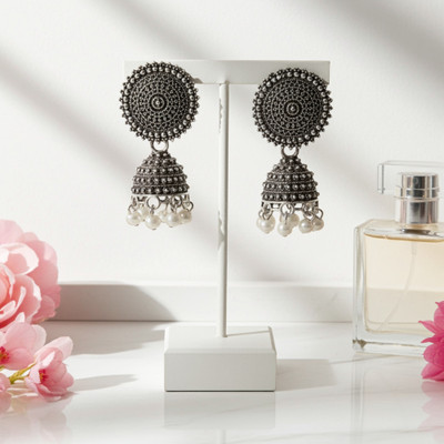 Esyko 1 Pair Oxidised Silver Jhumka Earrings With Pearl Beads Pearl Alloy Jhumki Earring