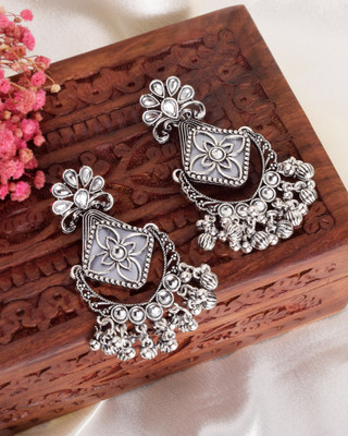 RN SHOPPING HUB Traditional Oxidised Floral Design Earrings | Antique Silver Look Alloy Drops & Danglers